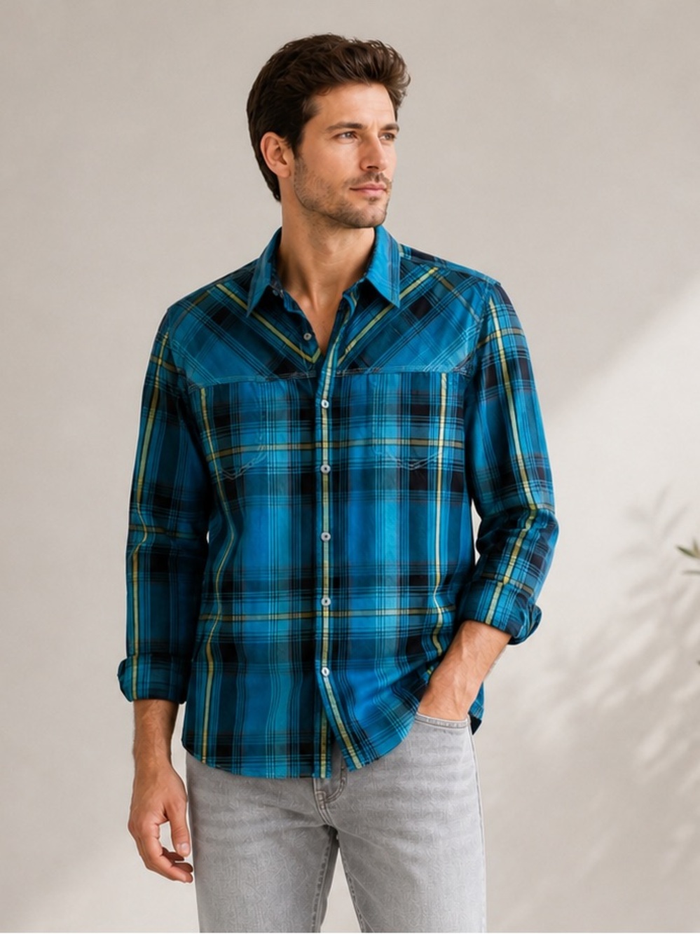 💙🩵 Men’s XL Teal Blue Plaid Button-Down Shirt | Modern Fit